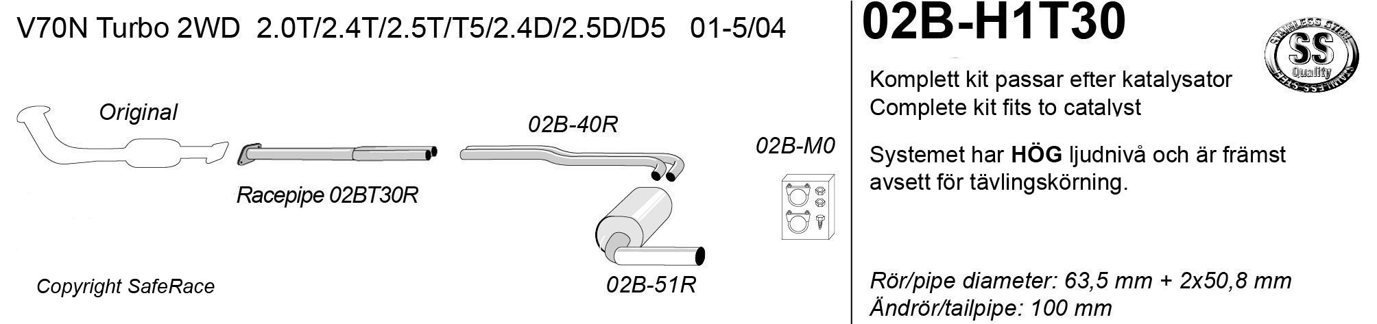 SPORT AVGASSYSTEM  VOLVO V70 II  TURBO 2WD, 2001-2004, 1 ljudd.   2,5"/ 2x2", Ändrör 1x100mm