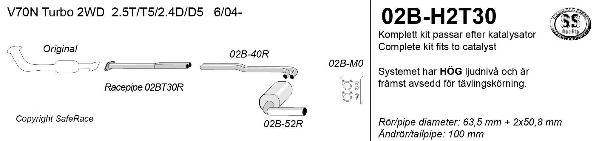 SPORT AVGASSYSTEM  VOLVO V70 II  TURBO 2004- ,1 ljudd.  2,5"/ 2x2", Ändrör 1x100mm