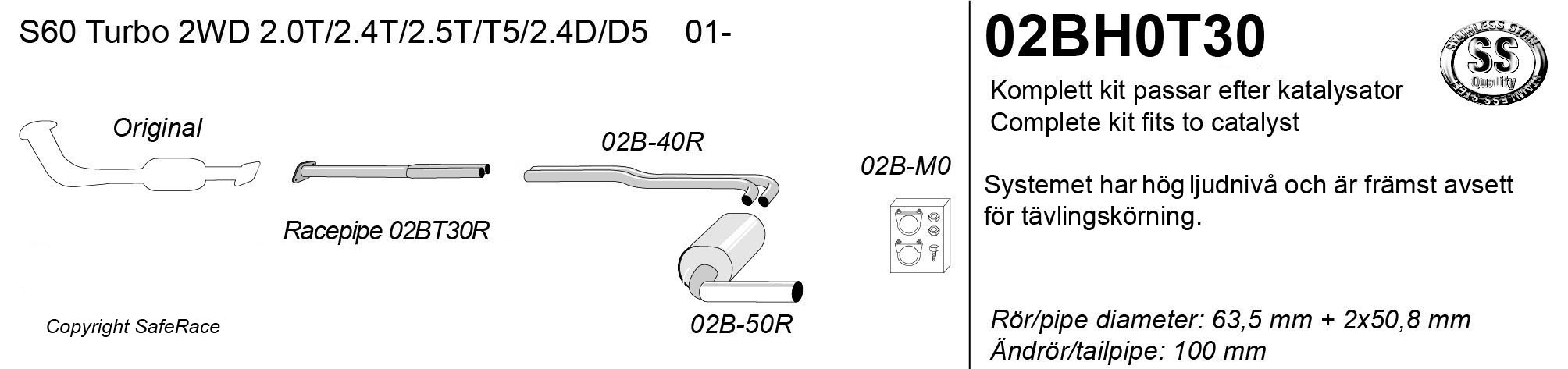 SPORT AVGASSYSTEM  VOLVO S60 I 2WD 2000-2009 , 1 ljudd.   2,5"/ 2x2", Ändrör 1x100mm