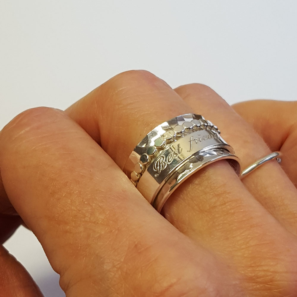 Silver double ring, spinner ring with text band - 3
