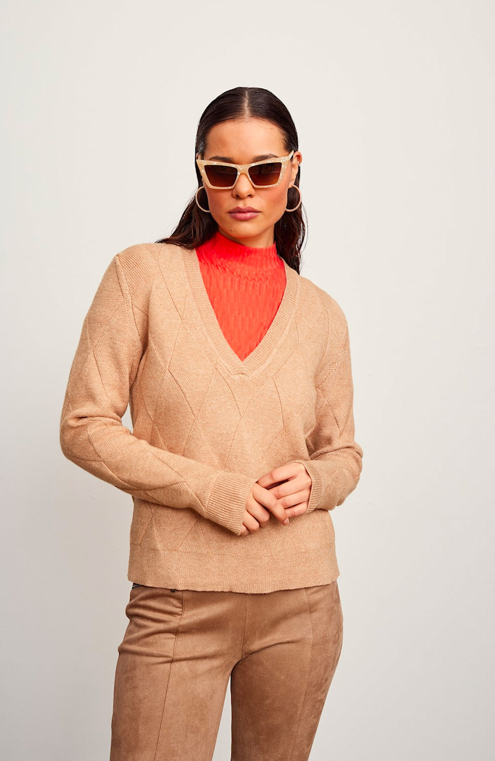 Jumper v-ringad rutmönster beige - 2