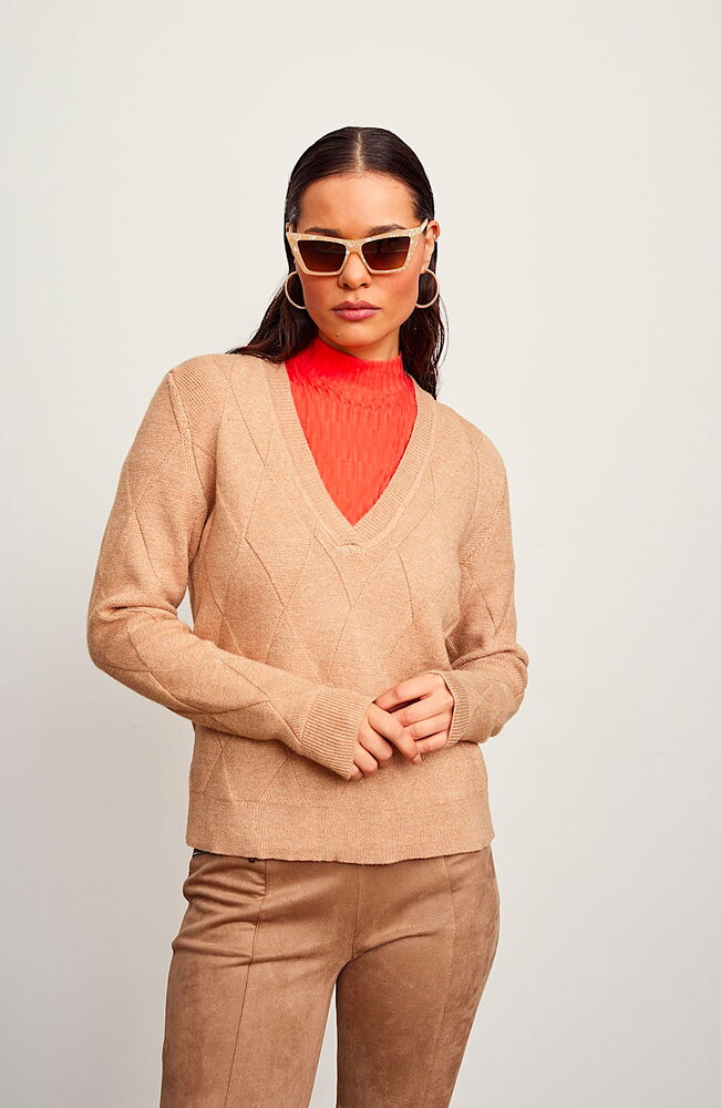 Jumper v-ringad rutmönster beige