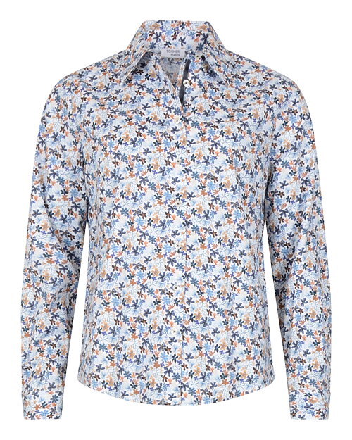 Bomullskjorta Doro småblommig i blå/konjak/vit