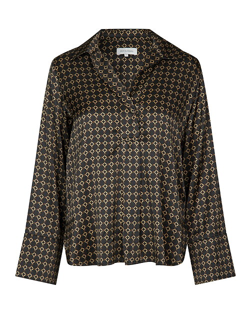 Sidenblus Janet v-ringad mönstrad beige/svart