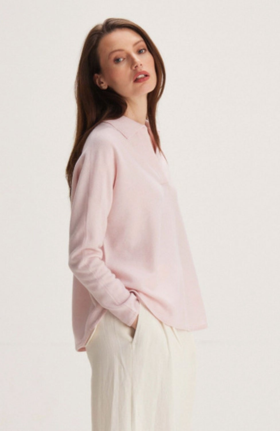 Kashmirjumper open collar krage ljusrosa