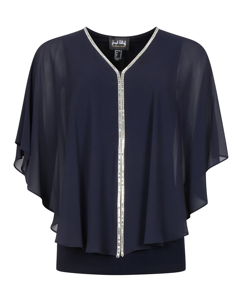 Blus v-ringning strass chiffong marinblå