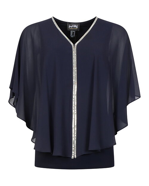 Blus v-ringning strass chiffong marinblå