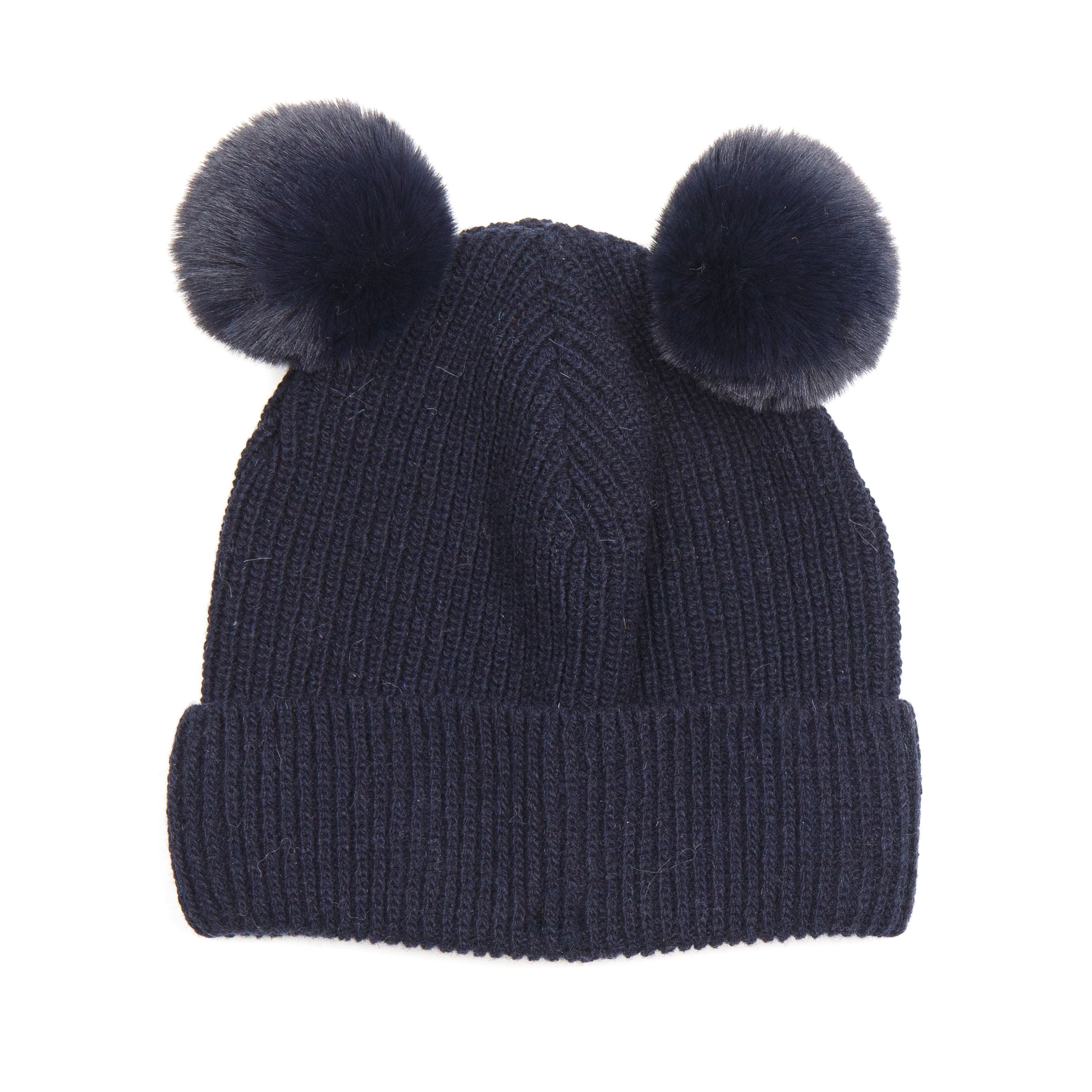 Big plys patent knitted fold up w/2 fake fur pompoms navy/navy