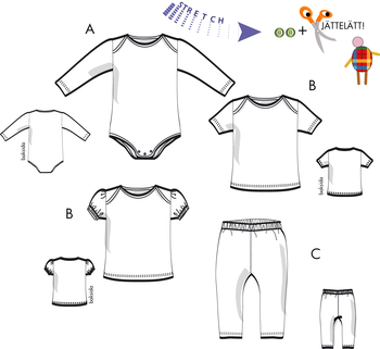 Babyplagg, body, tröja, leggings för stretchjersey 1V07b, 56-86 cl