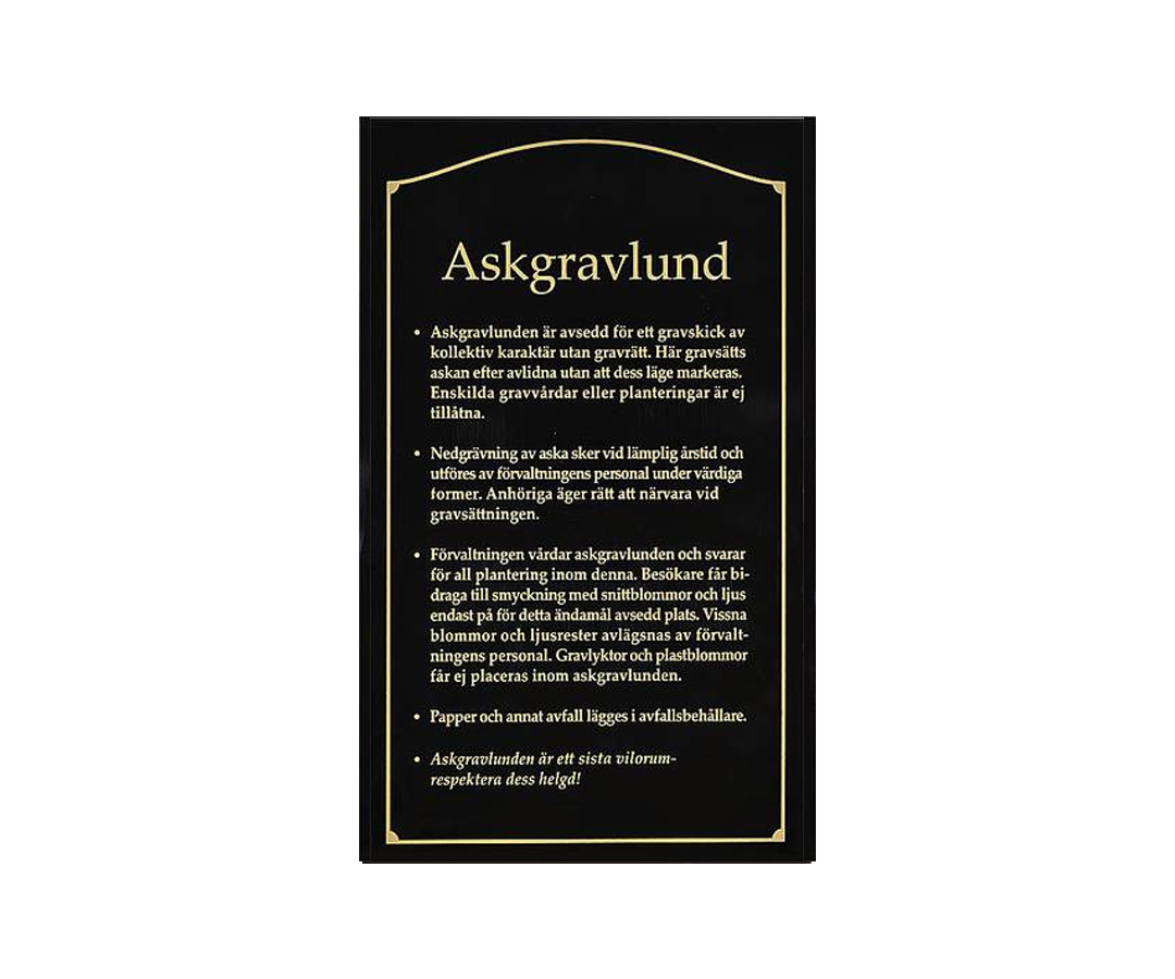 Informationstavla, Föreskrifter för askgravlund