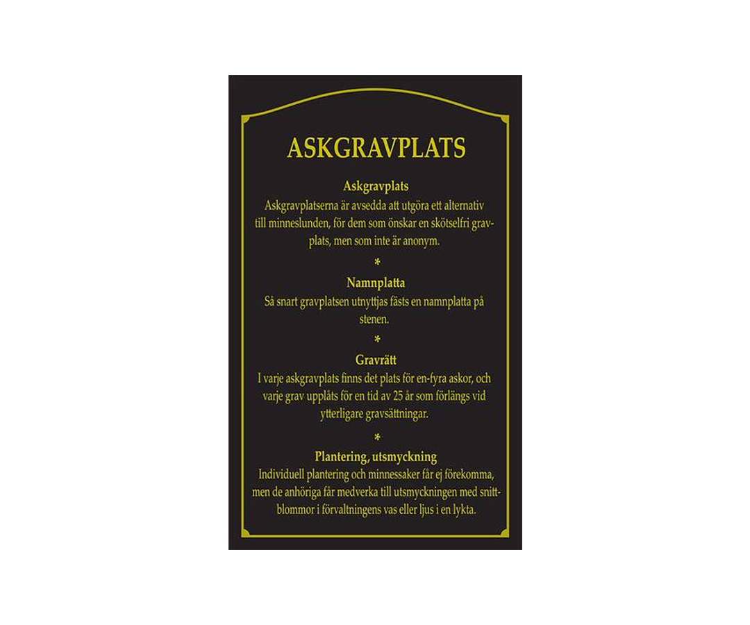 Informationstavla, Föreskrifter för askgravplats