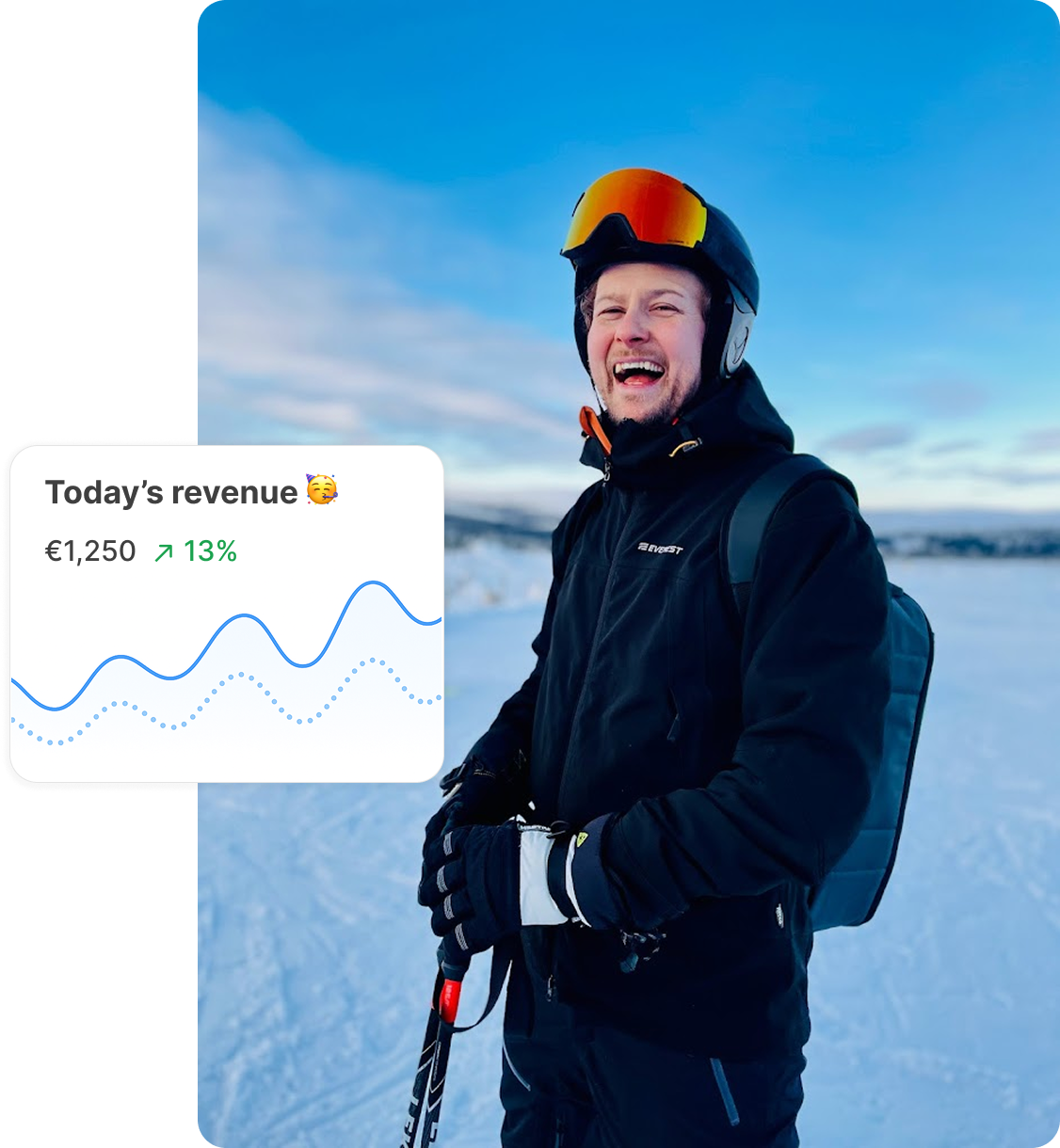 Man standing on a ski slope enjoying his free time while his online store continues to generate sales.
