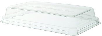 Plastic dome lid for rectangular bagasse container - fits 710-940ml / 24-32oz