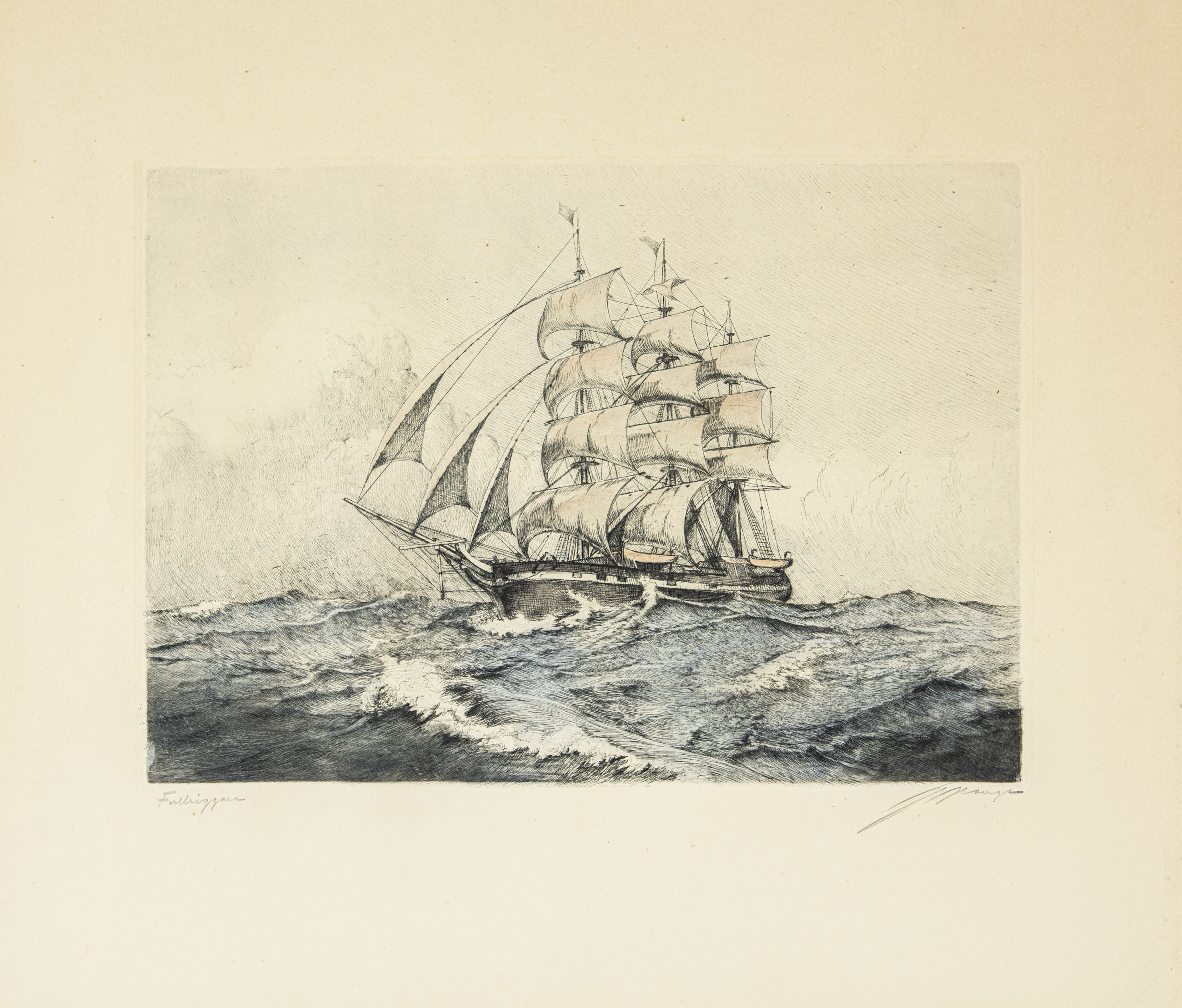 Full-rigged vessel - Hand Colored Etching
