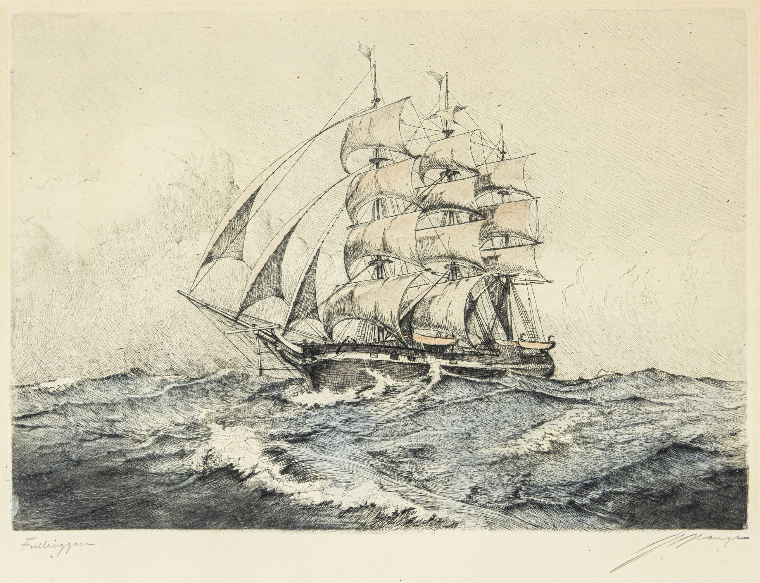 Full-rigged vessel - Hand Colored Etching - 2