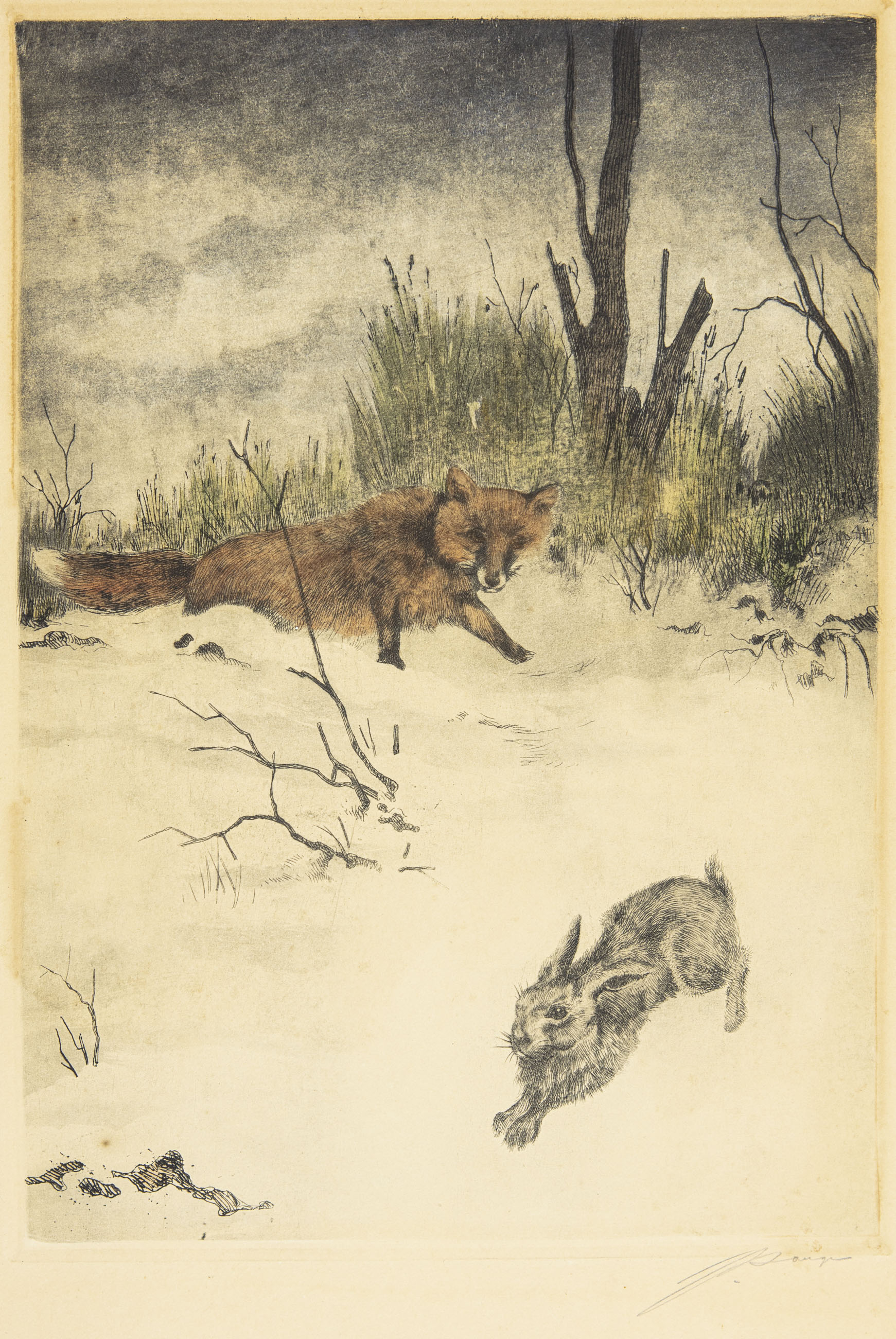 Fox chasing Hare - Hand Colored Etching - 2
