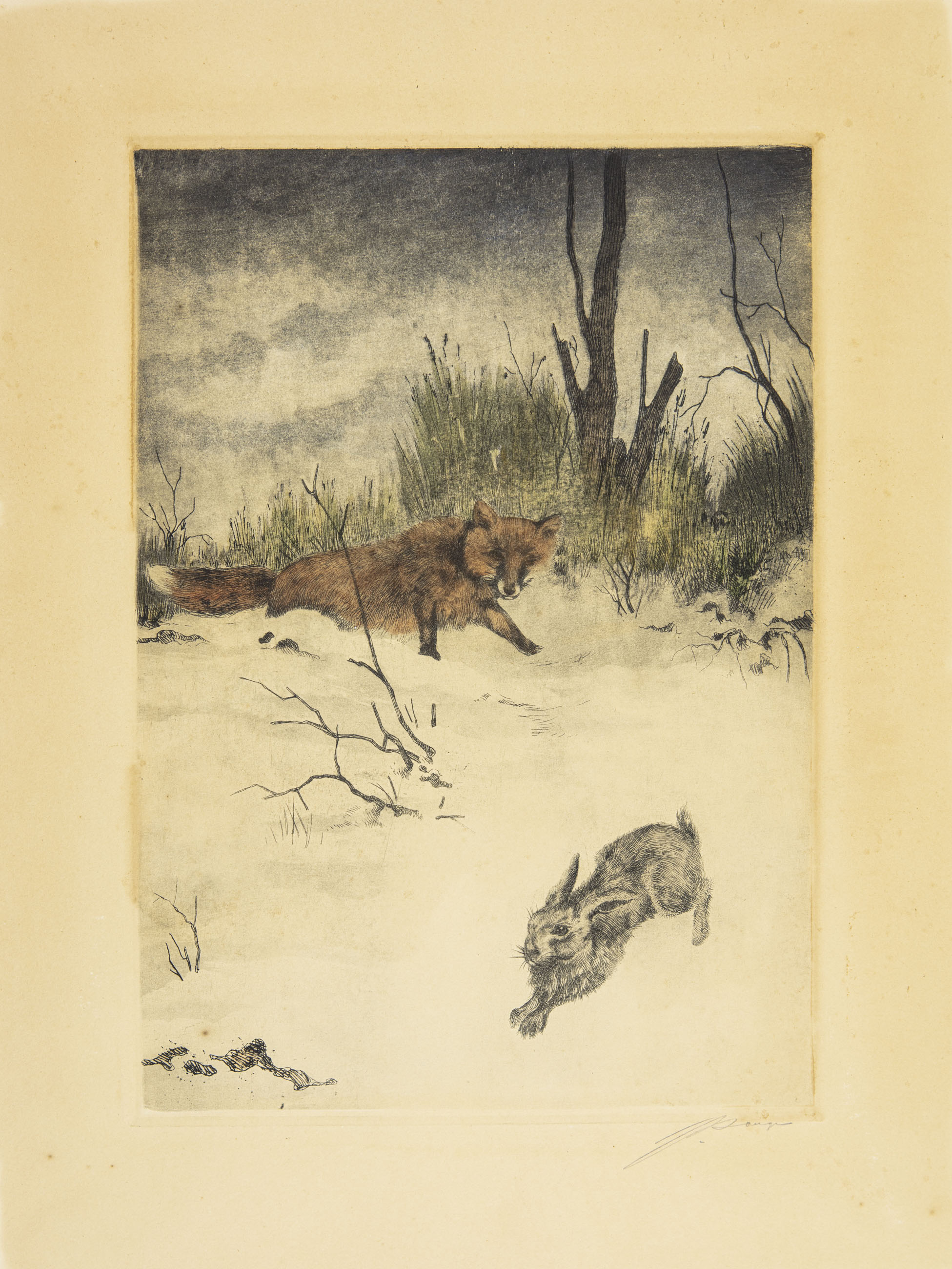 Fox chasing Hare - Hand Colored Etching