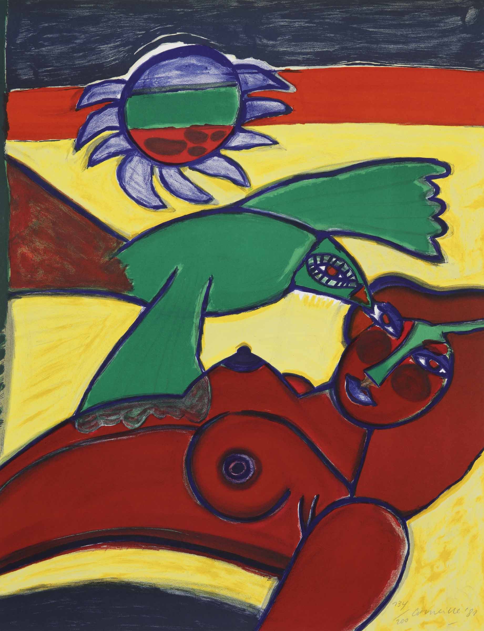 Nu rouge à l'oiseau vert