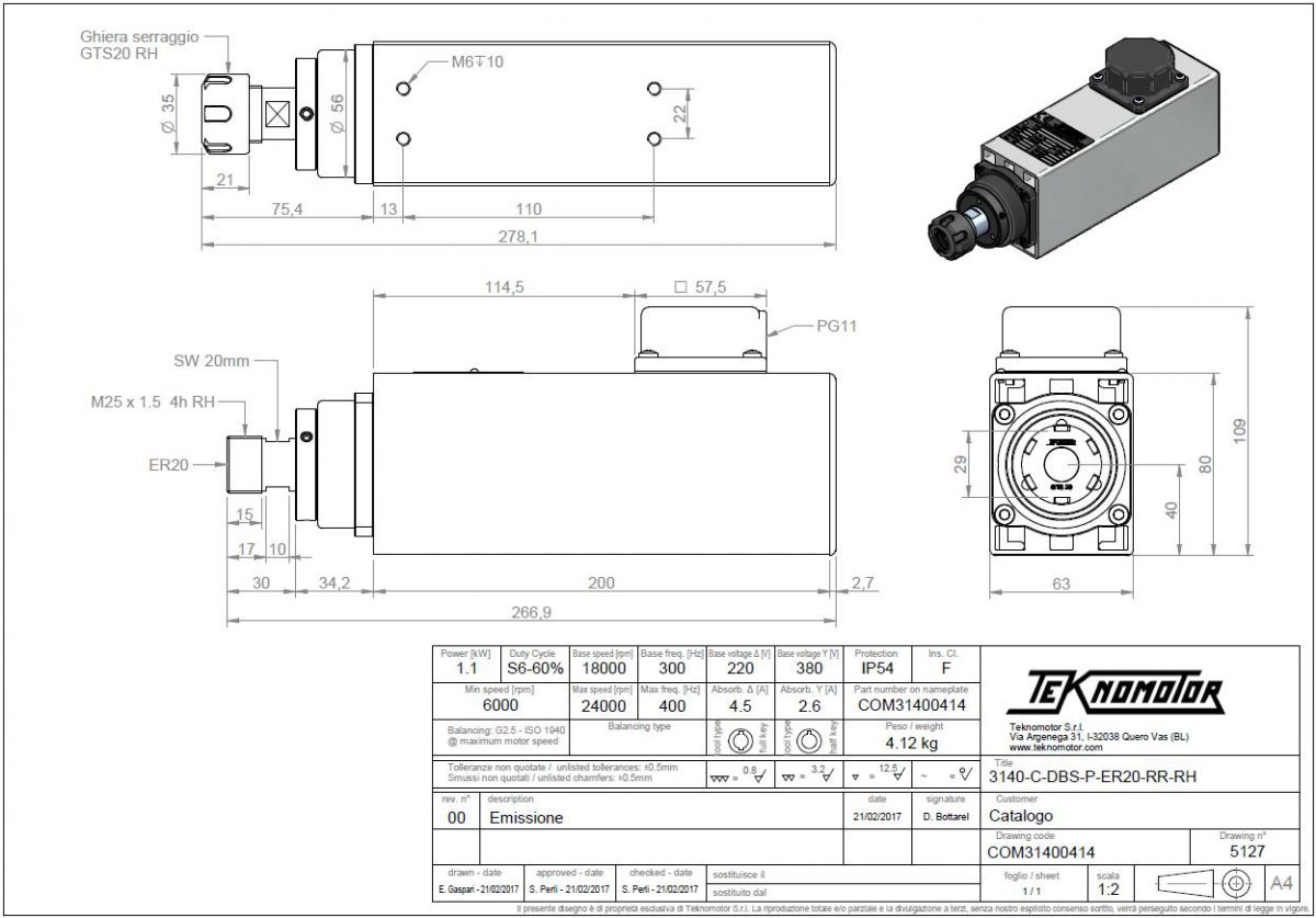Spindelmotor ER20-1.1 KW 10000 - 24000 rpm - 2