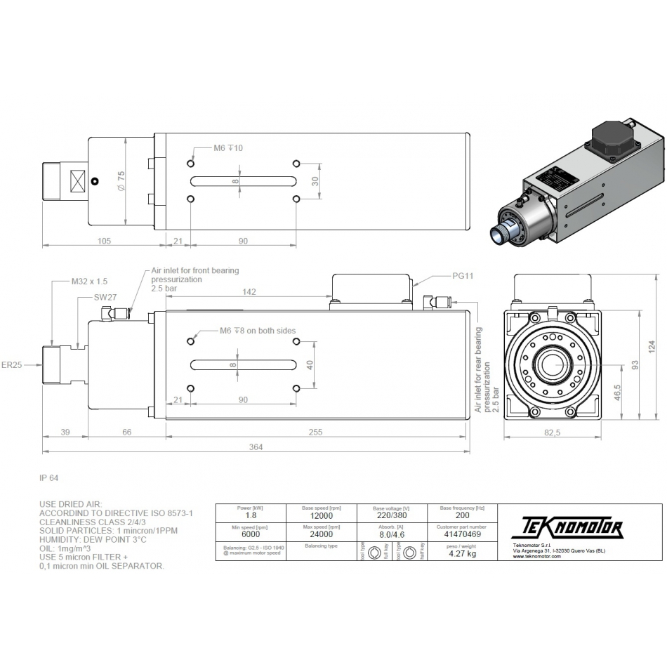 Spindelmotor ER25-1.8KW Dammskyddad 10000 - 24000 rpm - 3