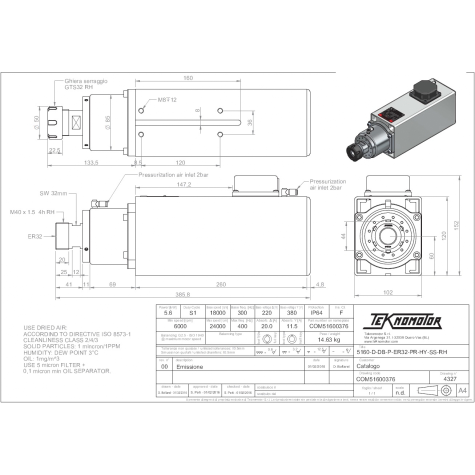 Spindelmotor ER32-5.5 KW Dammskyddad 12000 - 24000 rpm - 2