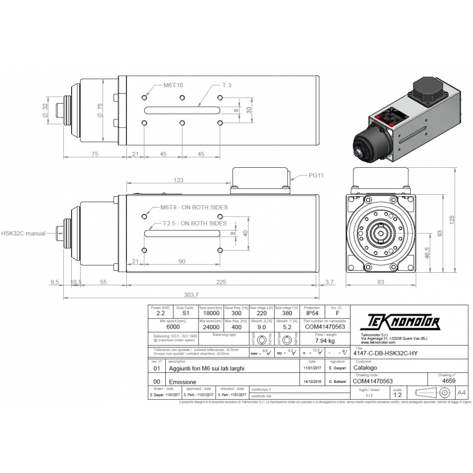 Spindelmotor snabbchuck 2,2 KW 10000 - 24000 rpm - 4