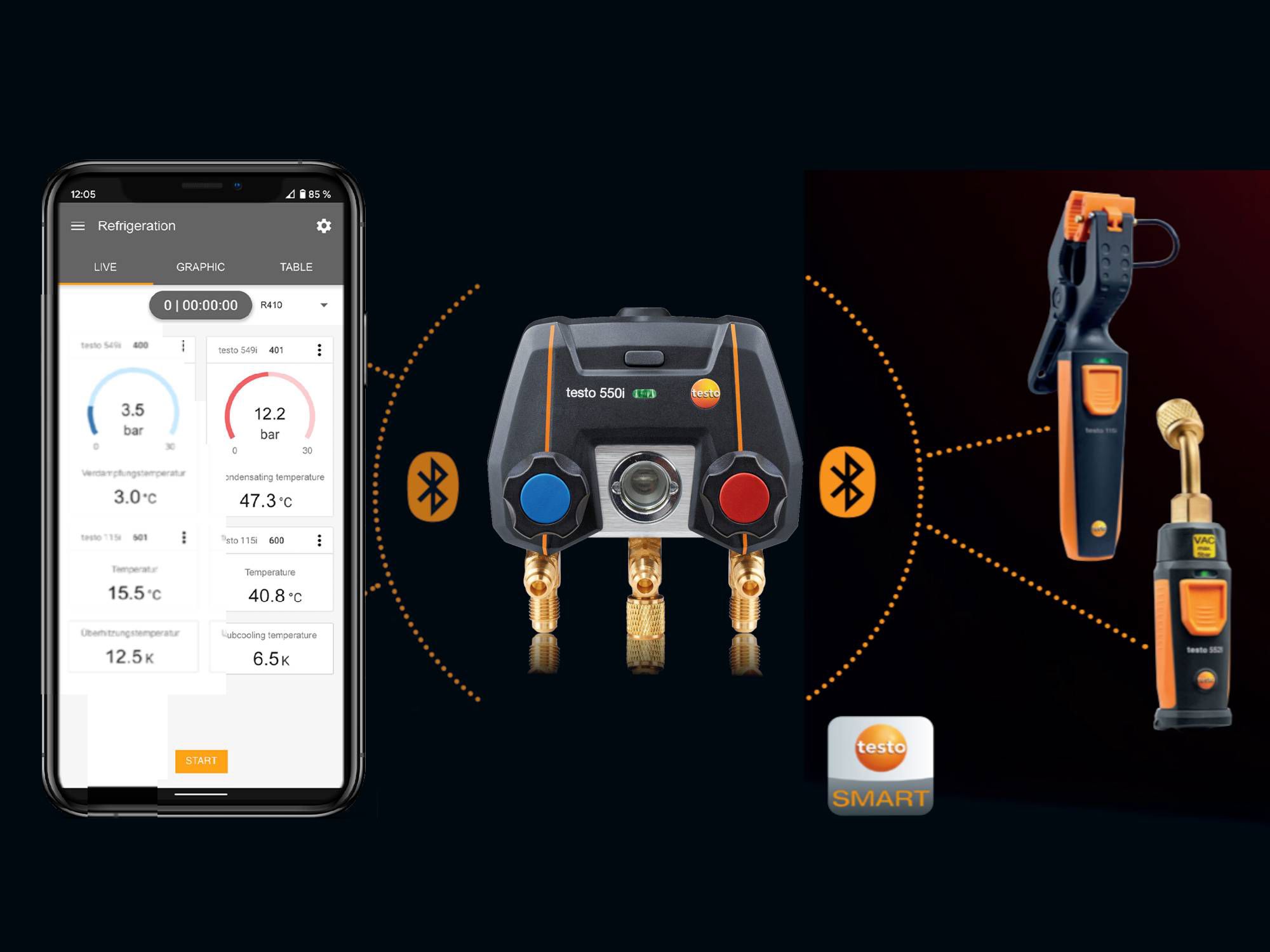 Testo 550i Mätset App-styrt digitalt manometerställ, trådlösa temp. givare, serviceväska - 2