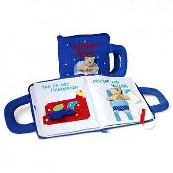 Godnatt-bok, blå med nalle med text