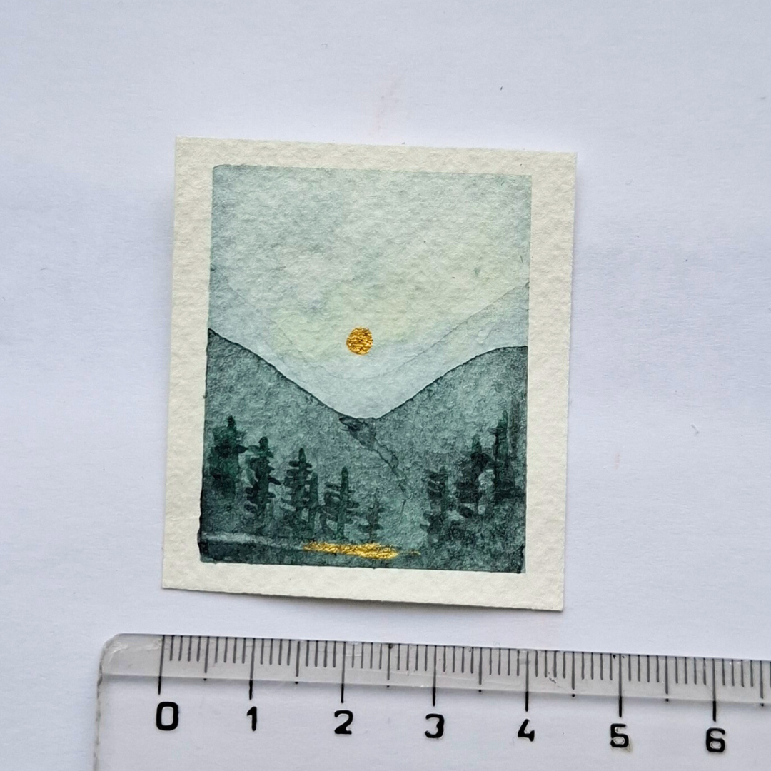 Miniart- Original - Fjäll -Blå nyanser med skog och Berg - 2