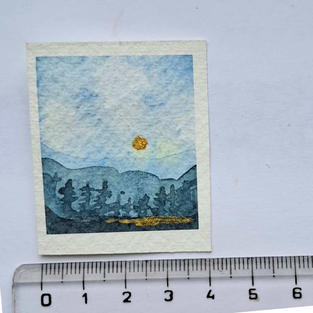 Miniart- Original - Fjäll -Blå nyanser över fjäll och  sjö - 2