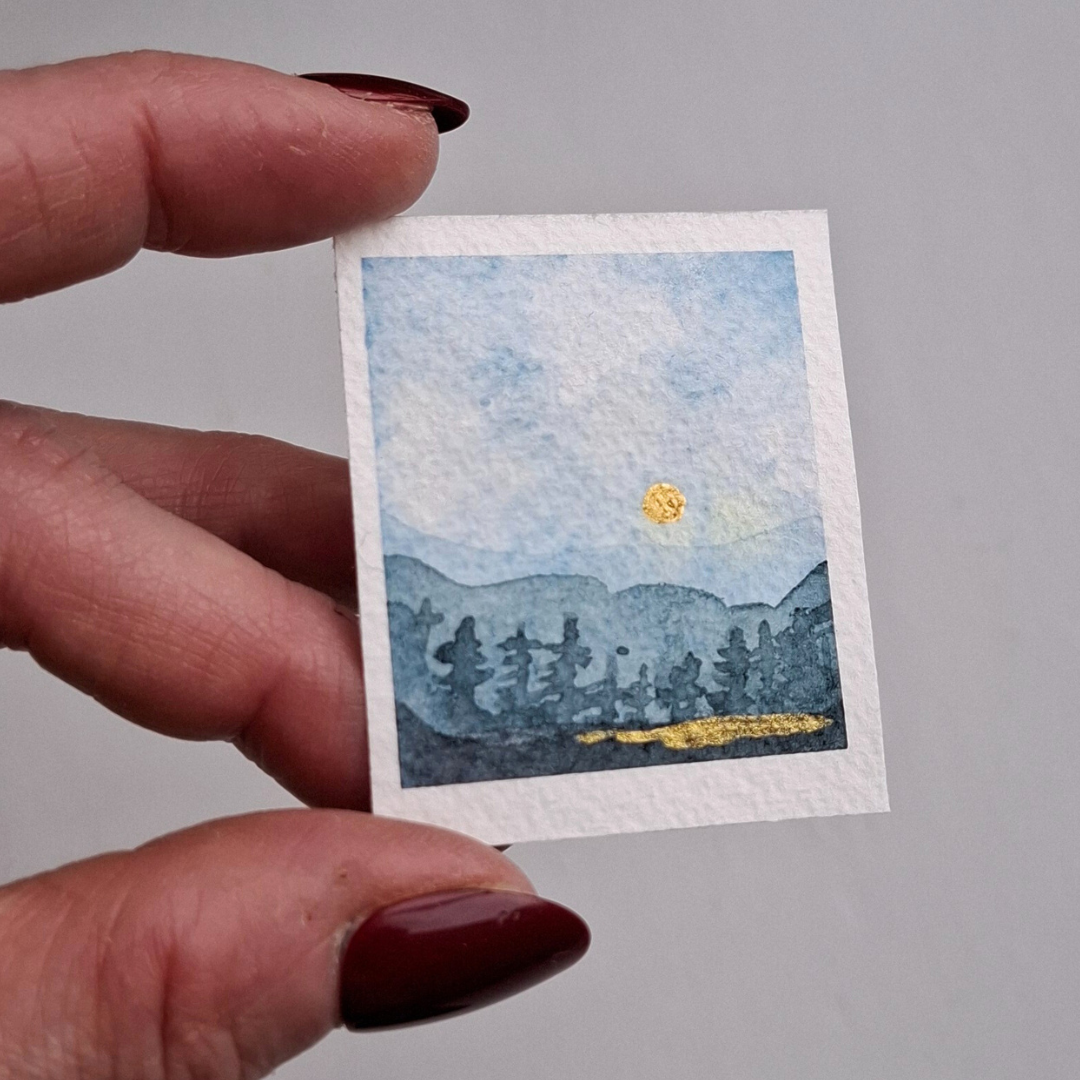 Miniart- Original - Fjäll -Blå nyanser över fjäll och  sjö
