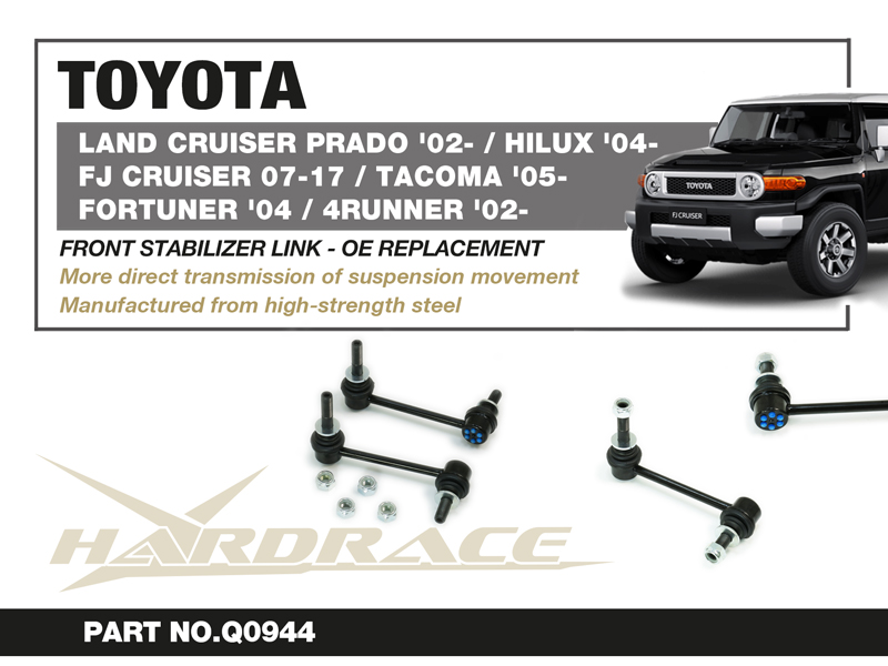 TOYOTA TACOMA '05-/4RUNNER '02-
LAND CRUISER PRADO '02-/ FJ CRUISER 07-17/
HILUX '04-/ FORTUNER '04-/ LEXUS GX '02-09
FRONT STABILIZER LINK - 2PCS/SET 
OE REPLACEMENT