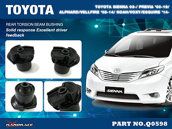 TOYOTA SIENNA 03-/ PREVIA '00-19/
ALPHARD/VELLFIRE '08-14/ NOAH/VOXY/ESQUIRE '14-
Bakre TORSION BEAM Bussning
(Hårdare Gummi) - 2 St/Sats