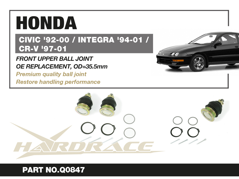 HONDA CIVIC '92-00/ CR-V '97-01/ ACCORD '98-12/
ODYSSEY JDM '03-13/  PRELUDE '97-01/
ACURA INTEGRA '94-01/ CL '01-03/ TL '96-14/ TSX '03-14
Främre Övre Led OD=35.5MM
OE REPLACEMENT - 2 St/Sats