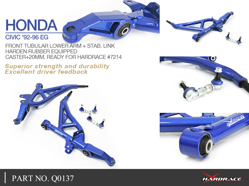 HONDA CIVIC '92-96 EG
Främre TUBULAR Bärarm + STAB. LINK
(Hårdare Gummi) - 4 St/Sats
CASTER+20MM, READY FOR HARDRACE #7214