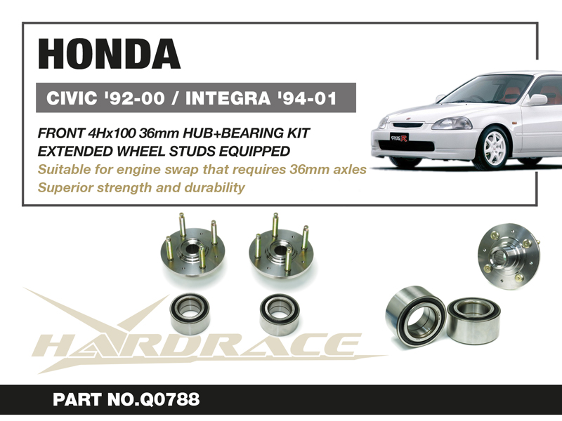 HONDA CIVIC EG/EK '92-00/INTEGRA '94-01
Främre 4Hx100 36mm HUB+BEARING KIT - 4 St/Sats
EXTENDED WHEEL STUDS EQUIPPED
BEARINGS MADE IN JAPAN(ID=43mm/OD=79mm)