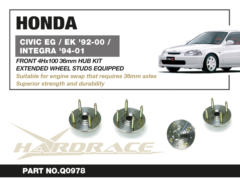 HONDA CIVIC EG/EK '92-00/INTEGRA '94-01
Främre 4Hx100 36mm HUB KIT - 2 St/Sats
EXTENDED WHEEL STUDS EQUIPPED