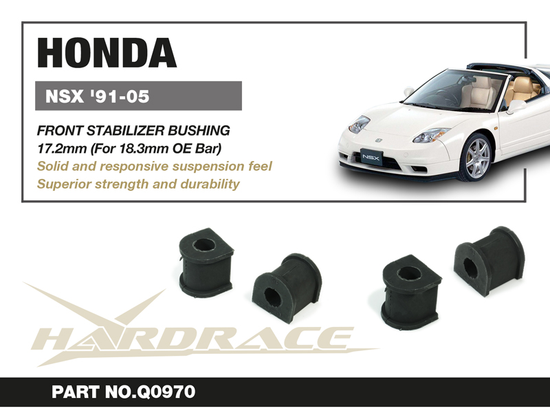 NSX '91-05/ NSX TYPE-S '97-05
FRONT STABILIZER BUSH, 17.2mm (FOR 18.3mm OE BAR)
2PCS/SET