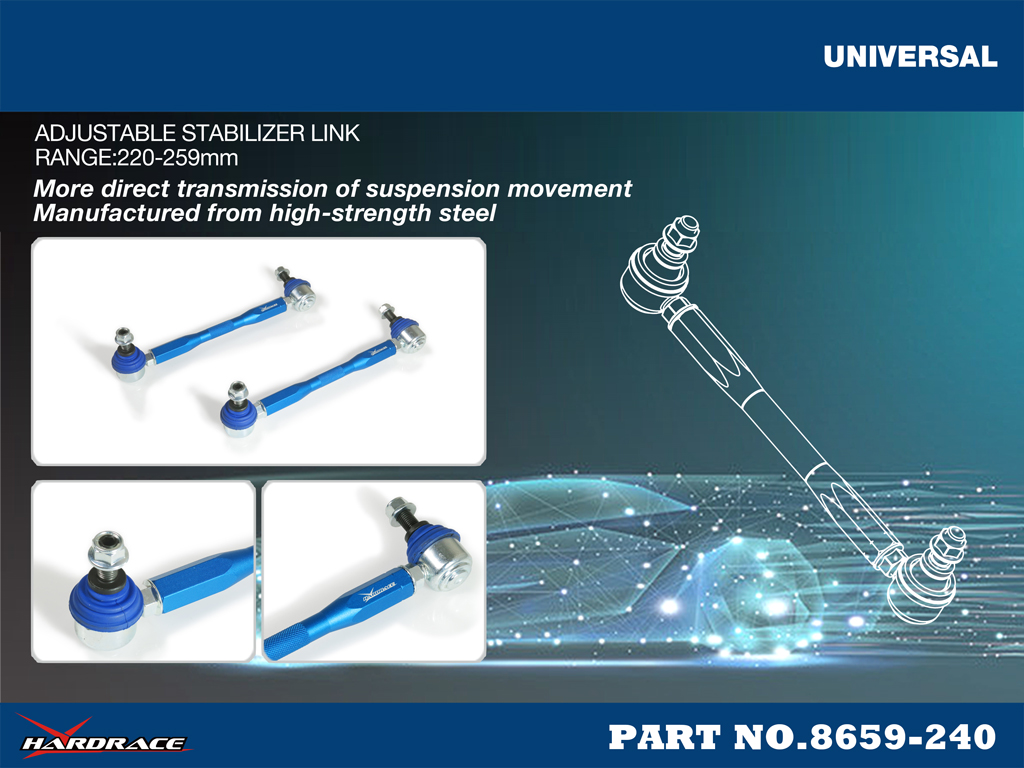 UNIVERSAL ADJ. STABILIZER LINK 2PCS/SET
RANGE:220-259MM 10MM STUD ROD END