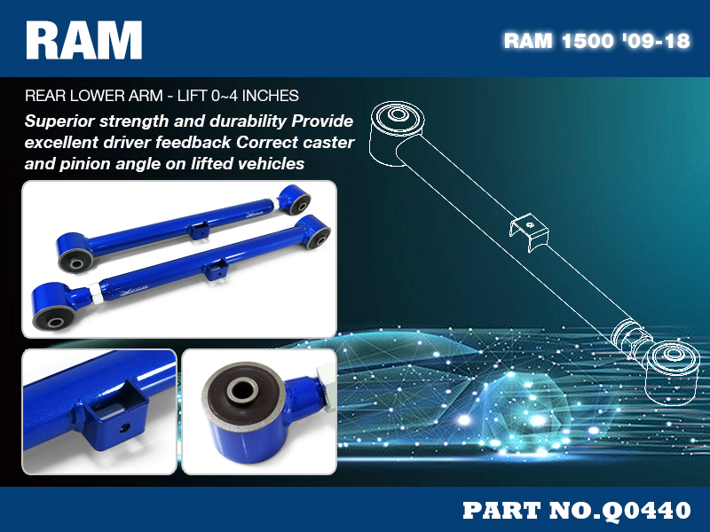 RAM 1500 '09-18
REAR LOWER ARM - LIFT 0-6 INCHES
(HARDEN RUBBER) - 2PCS/SET