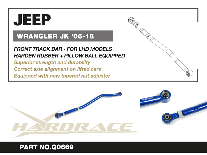 JEEP WRANGLER '07-18 JK
Främre TRACK BAR-Justerbar 0" TO 4.5" LIFT, V2. 
(Hårdare Gummi+Länklager) - 1 St/Sats
FOR LHD VEHICLE ONLY