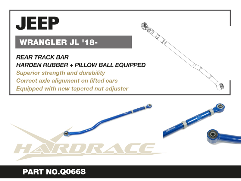 JEEP WRANGLER '18- JL
REAR TRACK BAR-ADJUSTABLE, LIFT 0~4 INCHES V2.
(HARDEN RUBBER+PILLOW BALL) - 1PCS/SET