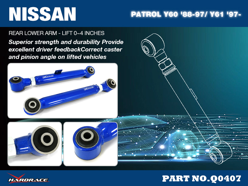 NISSAN PATROL Y60 '88-97/ Y61 '97-
REAR UPPER ARM - LIFT 0~4INCHES
(HARDEN RUBBER) - 2PCS/SET