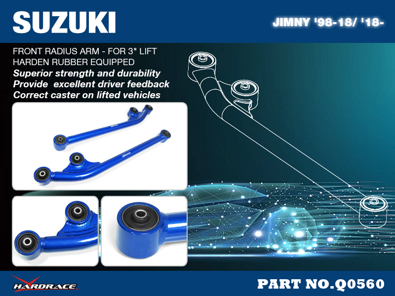 SUZUKI JIMNY '98-18/ '18-
Främre RADIUS ARM - FOR 3" LIFT
(Hårdare Gummi) - 2 St/Sats