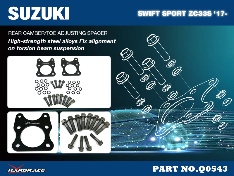 SUZUKI SWIFT SPORT '17- 
Bakre CAMBER/TOE ADJUSTING SPACER - 2 St/Sats
TOE IN FROM 0.2° TO 0.1°/ADD NEGATIVE CAMBER BY 1°
