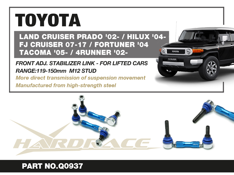TOYOTA TACOMA '05-/4RUNNER '02-
LAND CRUISER PRADO '02-/ FJ CRUISER 07-17/
HILUX '04-/ FORTUNER '04-/ LEXUS GX '02-09
Främre Justerbar Stab Stag - FOR LIFTED CARS 
2 St/Sats
RANGE:119-150mm  M12 STUD