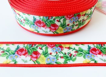  Tryckt band blommor med röd kant 22mm