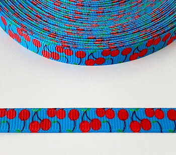 Printed ribbon cherry on blue 10mm