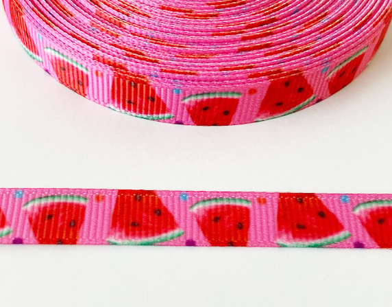 Printed ribbon watermelon pieces on pink 10mm
