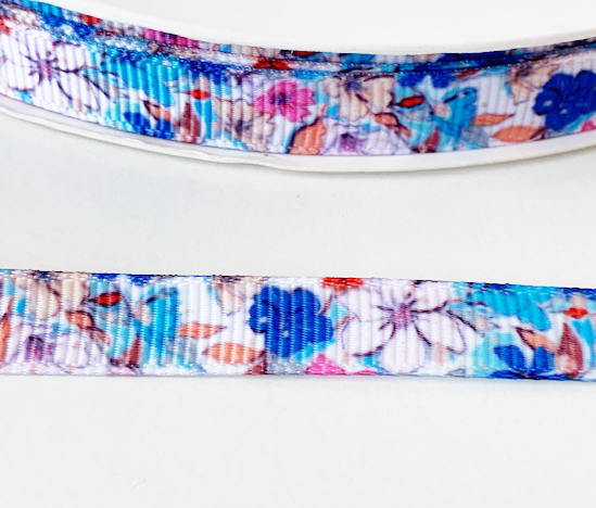 Printed ribbon Flowers and blue 10mm